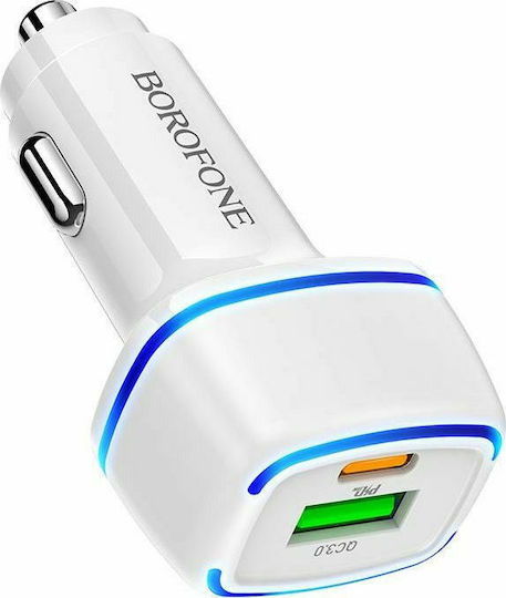 Borofone BZ14A Auto-Ladegerät 20W 3A mit Anschlüssen: 1xUSB 1xType-C Weiß Farbe