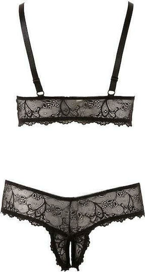 Cottelli Collection Set Sexy Lenjerie Sutien și Chilot G-String Fără Fundiță cu Dantelă Negru Mărimi Mari