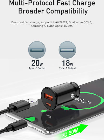 Awei Car Charger 20W with Ports: 1xUSB 1xType-C with Cable Type-C Black Color