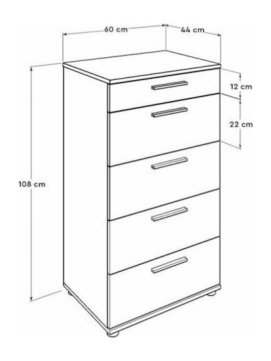 Comodă de Dormitor din Lemn Trendline cu 5 Sertare Albă 60x44x108cm