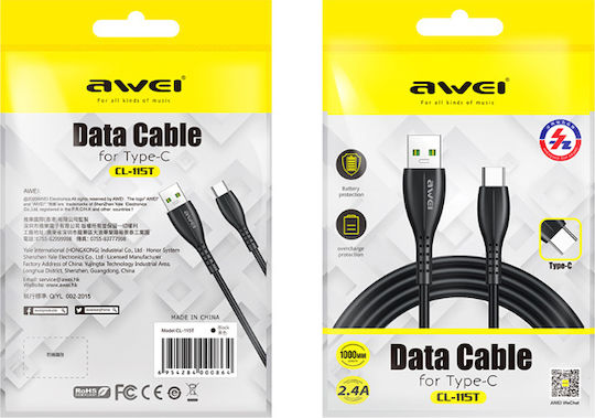 Awei CL-115T USB 2.0 Cable USB-C male - USB-A Μαύρο 1m AW-CL-115T