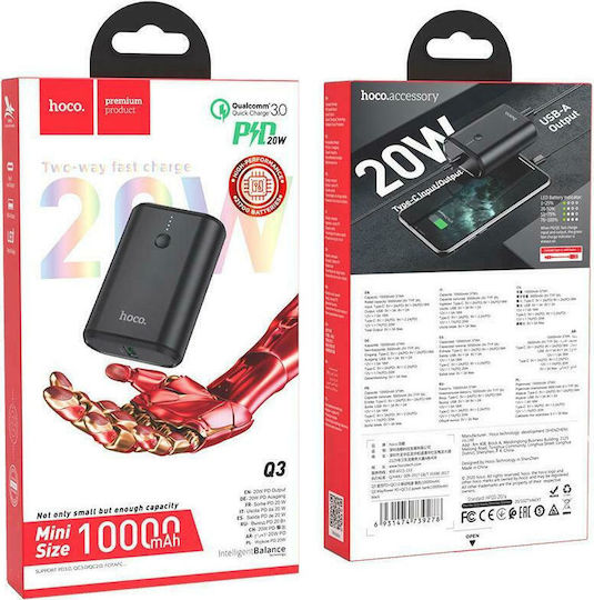 Hoco Q3 Mayflower 10000mAh 18W with USB-A Port and USB-C Port Quick Charge 3.0 Black