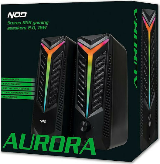 NOD Aurora 2.0 RGB Ηχεία Υπολογιστή 2.0 με RGB Φωτισμό και Ισχύ 16W σε Μαύρο Χρώμα
