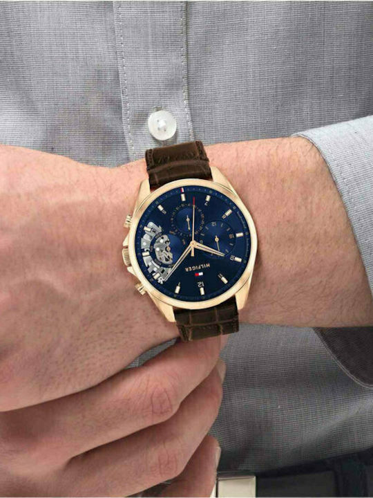Tommy Hilfiger Baker Herrenuhr 44mm Chronograph Batterie mit Braun Lederarmband
