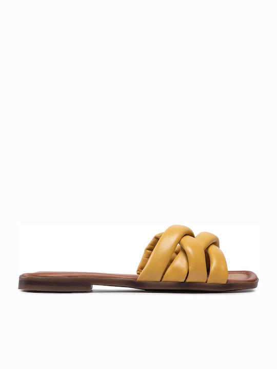 Leather Women's Flat Sandals in Yellow Color