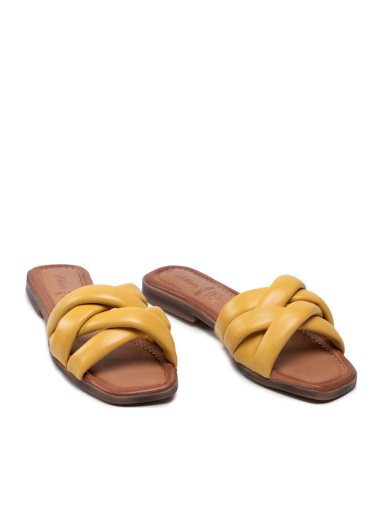 Leather Women's Flat Sandals in Yellow Color