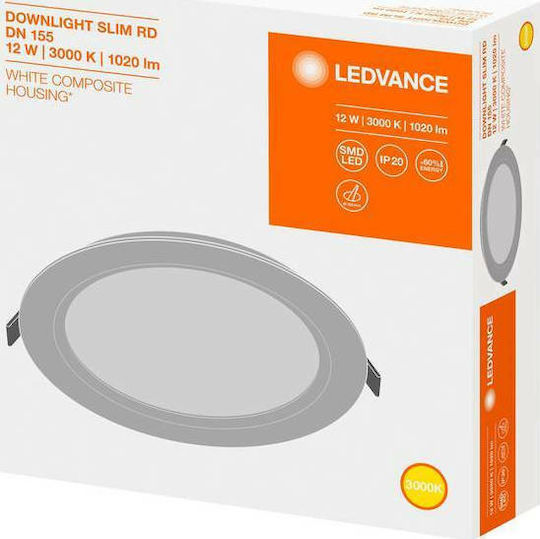 Ledvance Στρογγυλό Χωνευτό LED Panel 12W με Θερμό Λευκό Φως 3000K 16.9εκ.
