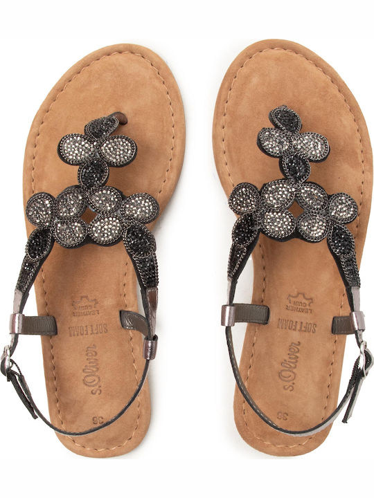 Leather Women's Flat Sandals with Strap in Silver Color