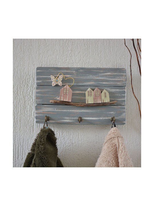 Kapadakis Wood Art Κρεμάστρα Τοίχου Χειροποίητη Γειτονιά Με Πεταλούδα Ξύλινη 3 Θέσεων Πολύχρωμη 35x5x21cm