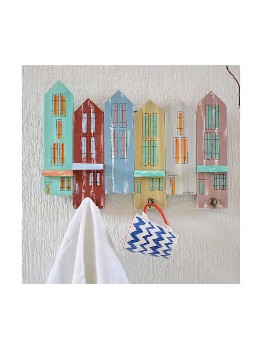 Kapadakis Wood Art Wall Hanger Handmade Houses and Shops Wooden 3 Hooks Multicolour 42x4x30cm