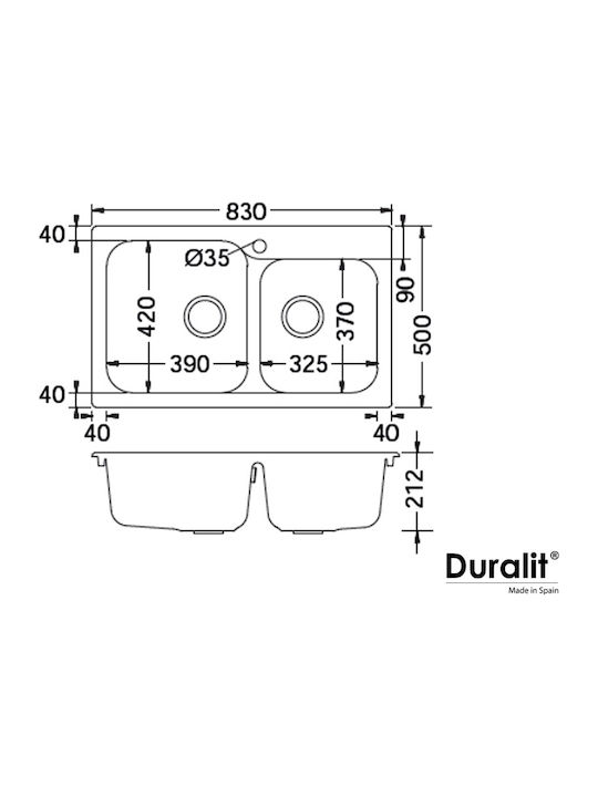 Duralit KZ200 Ένθετος Νεροχύτης Αριστερός από Συνθετικό Γρανίτη Μ83xΠ50cm Negro Grafito
