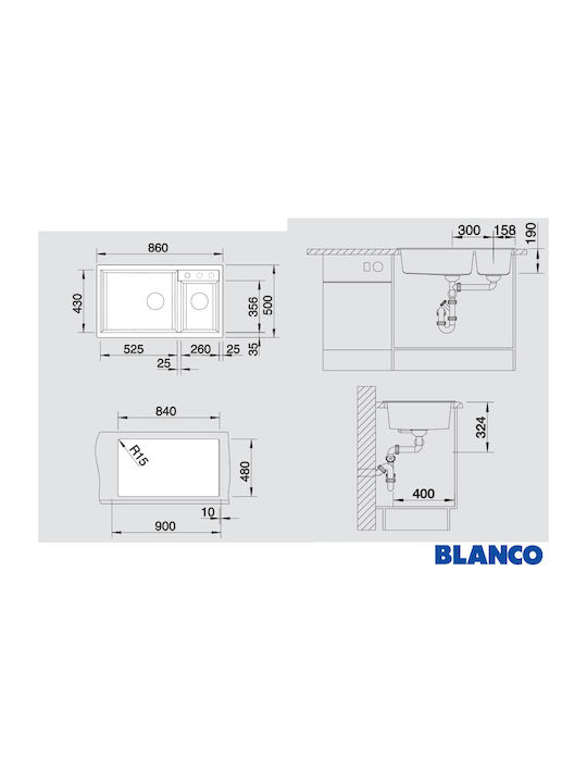 Blanco Metra 9 517364 Drop-In Chiuvetă Stânga din Granit Sintetic L86xW50cm Tartufo