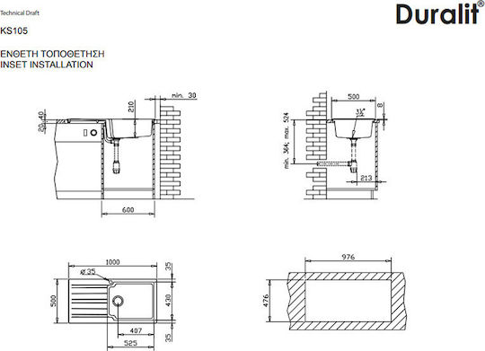 Duralit KS105 KS105-300 Drop-In Chiuvetă din Granit Sintetic L100xW50cm Alb Artico