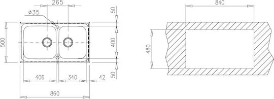 Teka Super Bowl 2C Δεξιός Ένθετος Δεξιός Inox Σατινέ Μ86xΠ50cm Ασημί