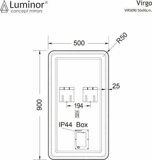 Luminor Virgo Oglindă de Baie Dreptunghiulară Lumini LED 50x90cm Negru