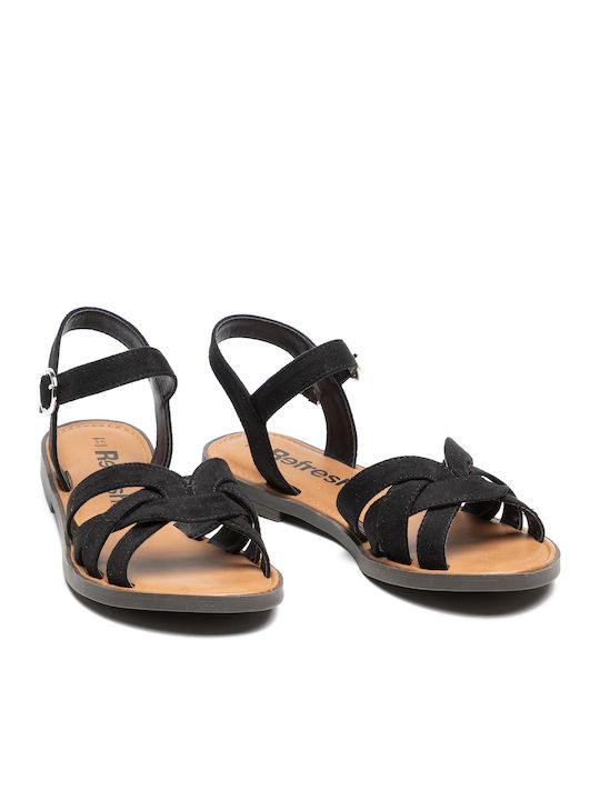 Leather Women's Flat Sandals with Strap in Black Color