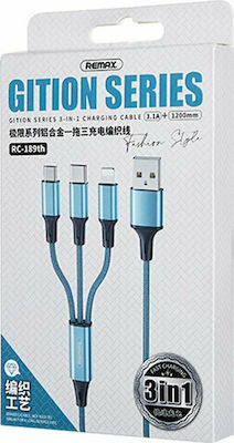 Remax Gition RC-189th Braided USB to Lightning / micro USB / Type-C Cable 3.1A Μπλε 1.2m