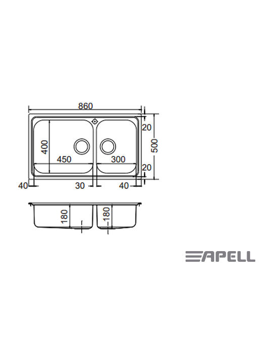 Apell Venezia 8320 Ένθετος Νεροχύτης Αριστερός Inox Σαγρέ Μ86xΠ50cm Ασημί