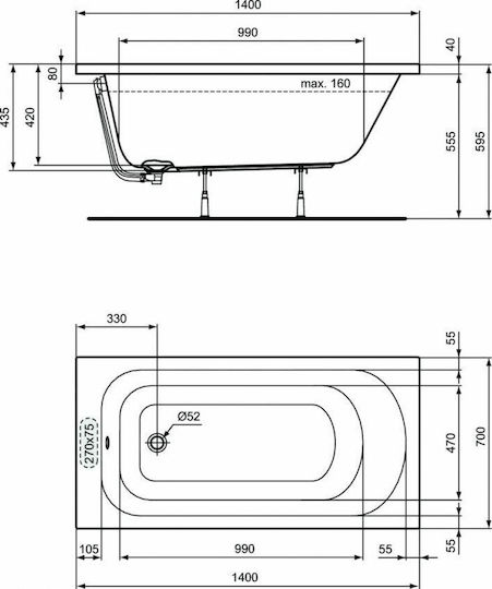 Ideal Standard Μπανιέρα Ακρυλική 140x70cm