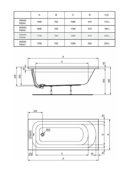 Ideal Standard Μπανιέρα Ακρυλική 170x70cm