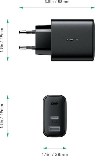 Aukey Φορτιστής Χωρίς Καλώδιο με Θύρα USB-A και Θύρα USB-C 32W Power Delivery Μαύρος (PA-F3S)