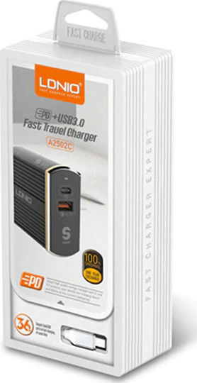 Ldnio Charger with USB-A Port and USB-C Port and Cable micro USB Quick Charge 3.0 Blacks (A2502Q)