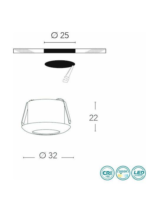 Fan Europe Assor30c Round Metallic Ceiling Spot with Built-in LED and Warm White Light White