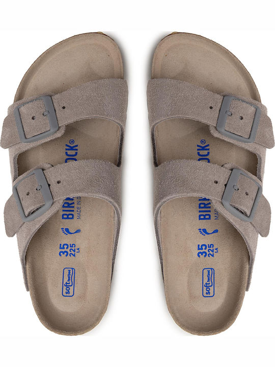 Arizona Soft Footbed Suede Leather Women's Flat Sandals Anatomic in Gray Color Narrow Fit