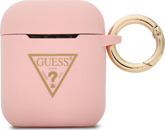 Guess Triangle Logo Case Silicone with Hook in Pink color for Apple AirPods 1 / AirPods 2