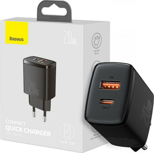 Baseus Charger Without Cable with USB-A Port and USB-C Port 20W Power Delivery / Quick Charge 3.0 Blacks (Compact)
