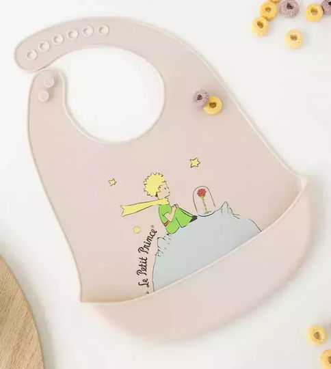Kiokids Μικρός Πρίγκιπας Αδιάβροχη Σαλιάρα Σιλικόνης με Κουμπί & Τσέπη Μπεζ