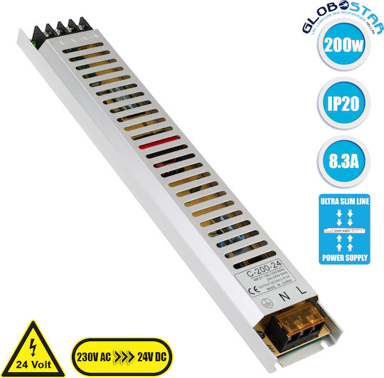 GloboStar Τροφοδοτικό LED IP20 Ισχύος 200W με Τάση Εξόδου 24V 31x5.4x2.3cm 8.3A