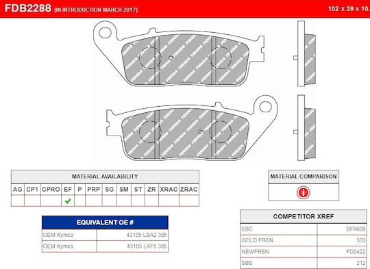 Ferodo Motorcycle Brake Pads Organic Rear Brake Pads Fdb2288ef Kymco Xciting 400i / Xciting 500i for Kymco Xciting 400 / Xciting 500