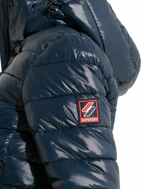 Women's Short Puffer Jacket for Winter with Detachable Hood Eclipse Navy