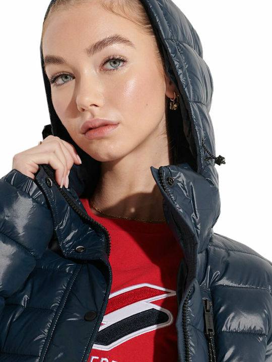 Women's Short Puffer Jacket for Winter with Detachable Hood Eclipse Navy