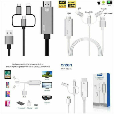 Onten OTN-7537A Кабел HDMI мъжки - Мъж с мълния / MHL / USB-C мъжки / микро USB мъжки 1.8м Сив