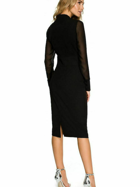 Stylove Business Long Sleeve Midi Dress with V Neck Black S136 124811