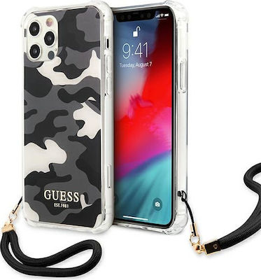 Guess Camo Plastic Back Cover with Strap Black (iPhone 12 / 12 Pro)