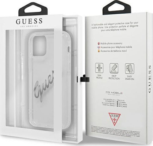 Guess Vintage Script Silver Umschlag Rückseite Kunststoff Transparent (iPhone 12 / 12 Pro)