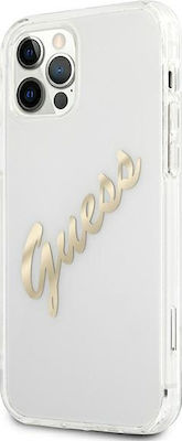 Guess Vintage Script Gold Plastic Back Cover Transparent (iPhone 12 / 12 Pro)