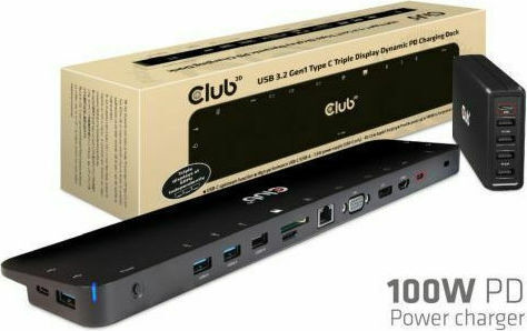 Club3D USB-C Docking Station with HDMI/DisplayPort 4K PD Ethernet and Support for 3 Monitors Black (CSV-1564W100)