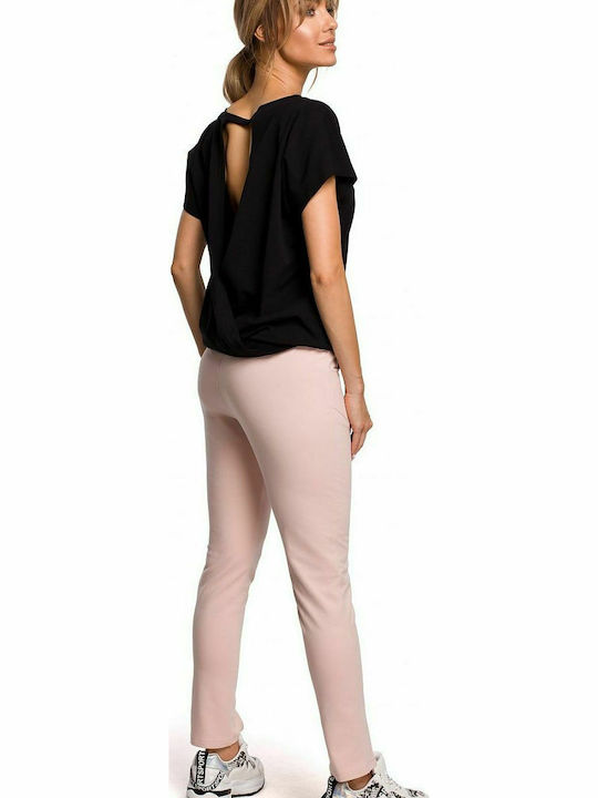 MOE M493 Women's High-waisted Cotton Trousers with Elastic in Straight Line Pink MOE493