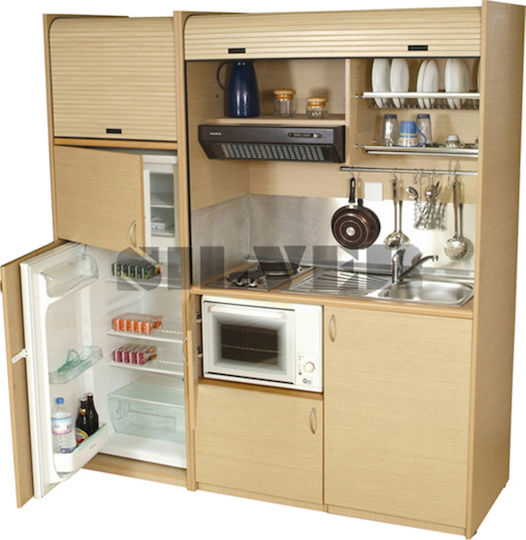 Silver ΚΣ190 Kitchenette with Right Sink Bowl 190x65x204cm Oak Οριζόντιο με Μεγάλο Ψυγείο & Φουρνάκι