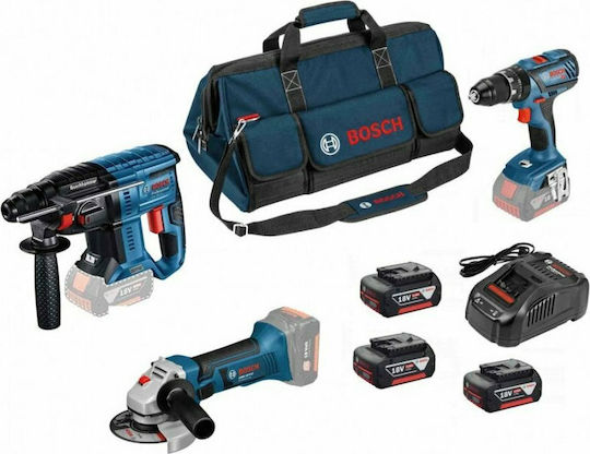 Bosch Professional Kit Gbh 18v Σετ Γωνιακός Τροχός, Δράπανο & Πιστολέτο 18V με 3 Μπαταρίες 4Ah και Θήκη