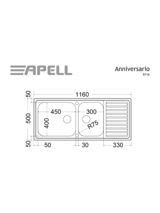 Apell Anniversario 8116 8116-112 Drop-In Sink Left Inox Matte W116xD50cm Silver
