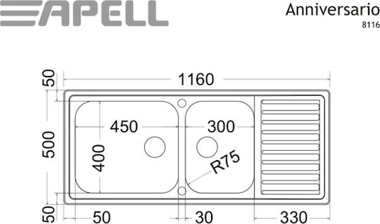 Apell Anniversario 8116 8116-112 Drop-In Spüle Links Inox Matt B116xT50cm Silber