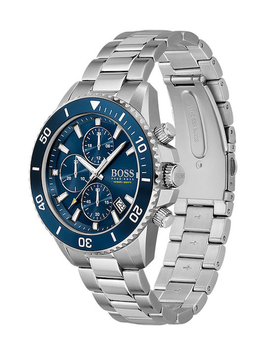 Boss Admiral Ανδρικό Ρολόι 45mm Χρονογράφος Μπαταρίας με Ασημί Μεταλλικό Μπρασελέ