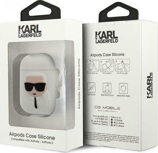Karl Lagerfeld Ikonik Silicone Case With Hook In White Colour For Apple AirPods 1 / AirPods 2