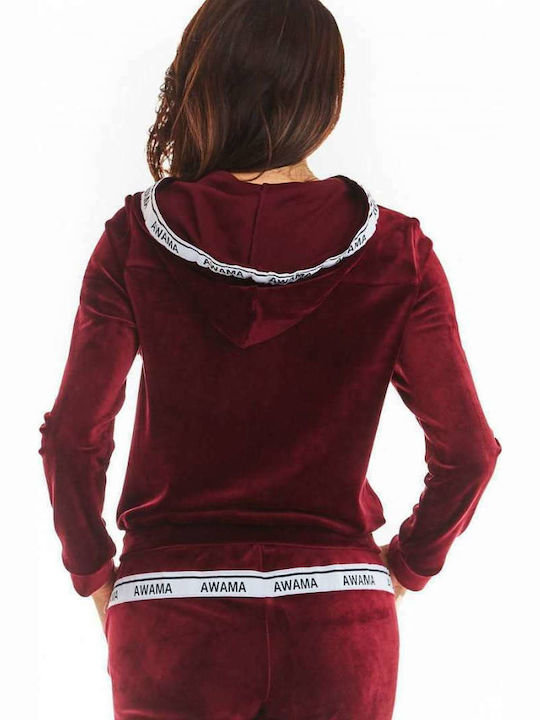 Awama Women's Hooded Velvet Cardigan Burgundy