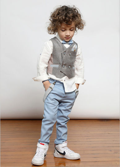 Mi Chiamo Boys Linen Baptism Suit with Vest 4pcs Light Blue